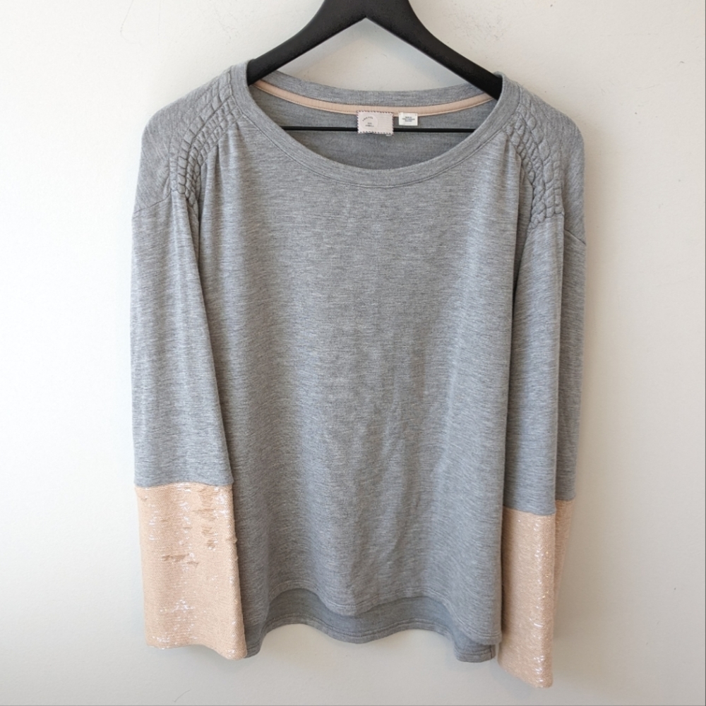 Anthropologie Postmark Grey Sequin Sleeved Crewneck Sweatshirt